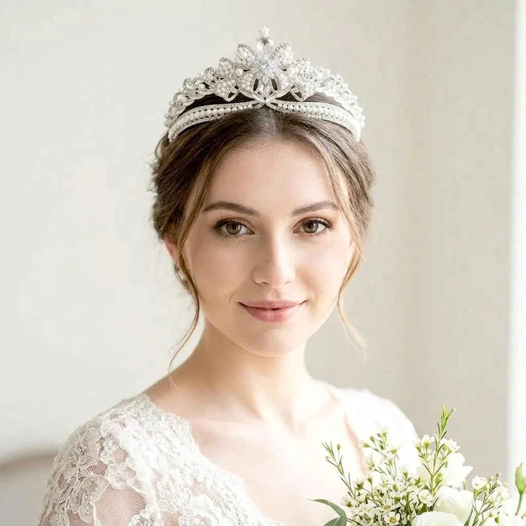 Pearl Bridal Tiara – Silver Crystal Wedding Crown Hair Accessory