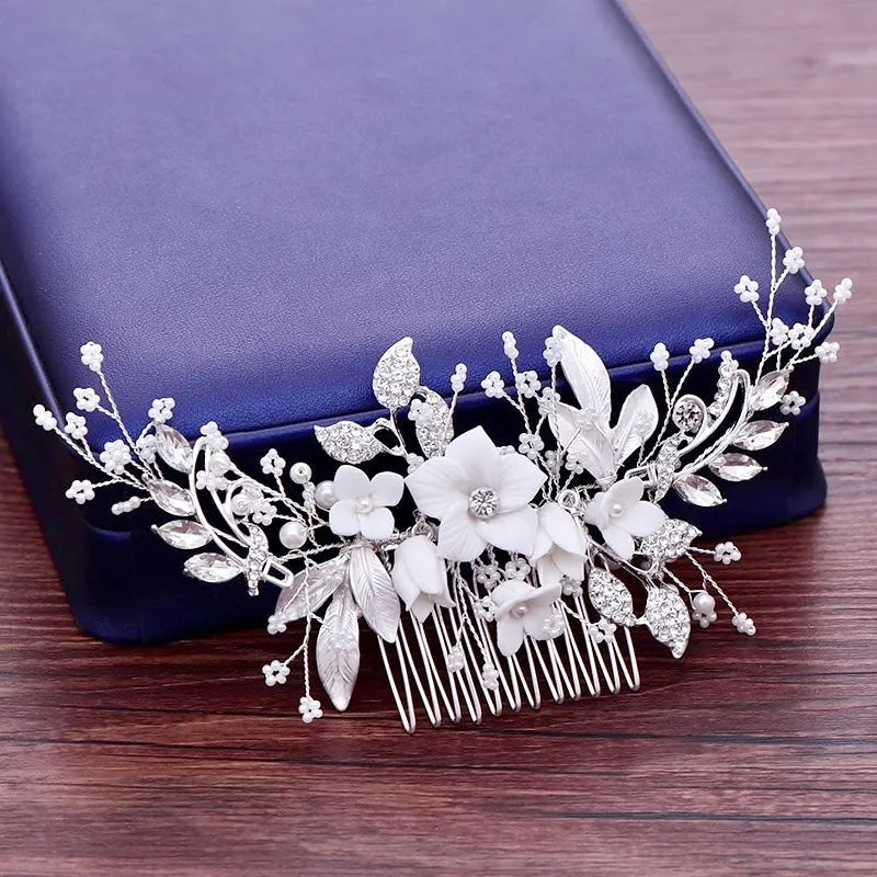 Wedding Hair Accessories - Ceramic Flowers Bridal Hair Comb - Available in Silver, Rose Gold and Yellow Gold