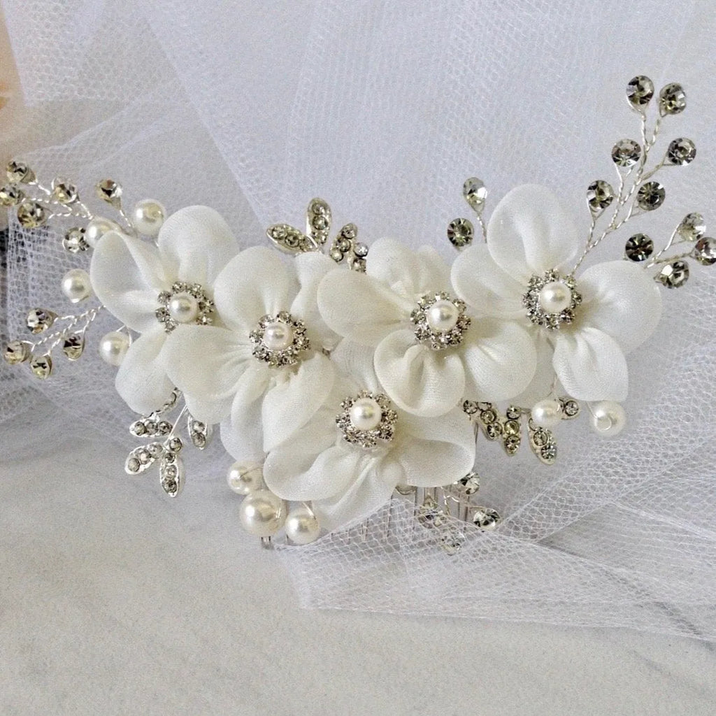 Wedding Hair Accessories - Silver Pearl and Crystal Bridal Hair Comb/Clip