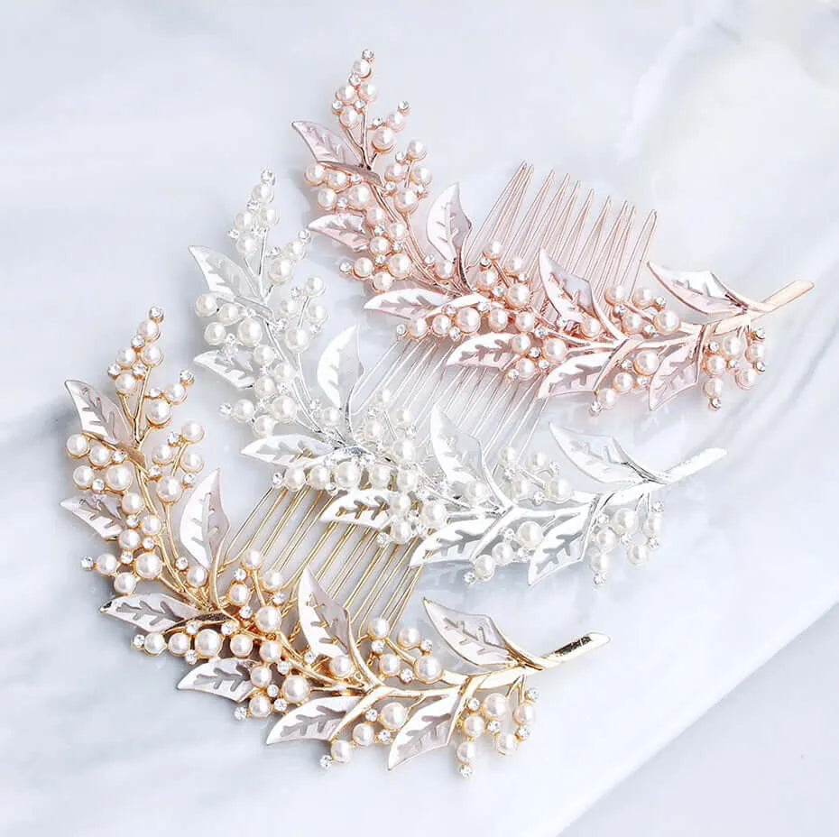 Rose Gold Leaf Pearl Bridal Hair Comb Wedding Mariell Rose Gold Freshwater Pearl Wedding Hair Comb  main image 4