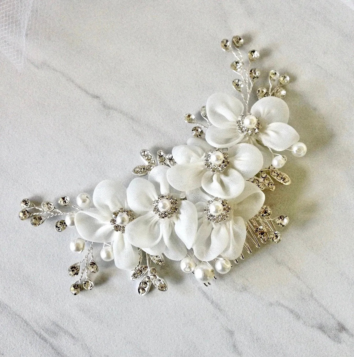 Danielle Pearl & Crystal Bridal Hair Comb Clip – Silver 
