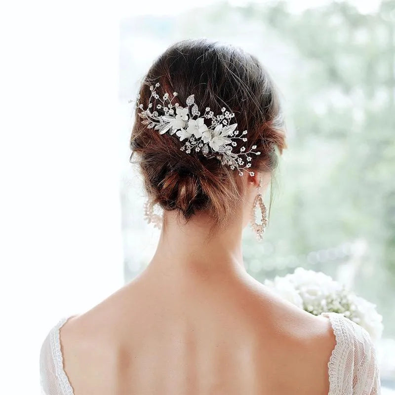 Wedding Hair Accessories - Ceramic Flowers Bridal Hair Comb - Available in Silver, Rose Gold and Yellow Gold