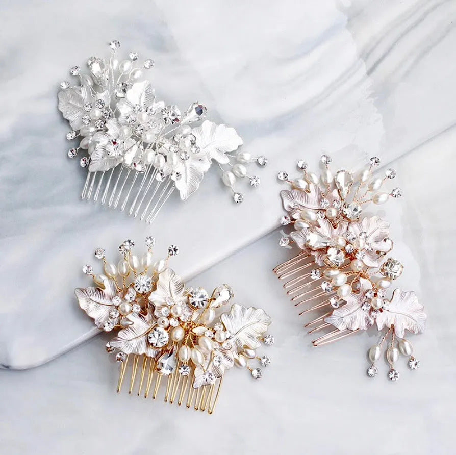 Fall-Inspired Bridal Hair Comb with Pearls & Crystals  display picture 1