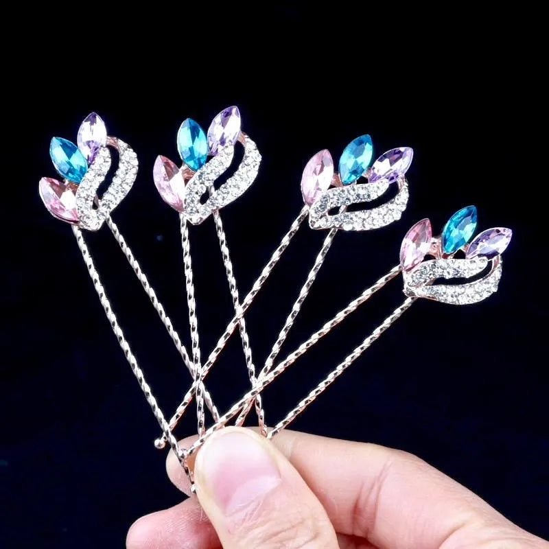 Wedding Hair Accessories - Rose Gold Colorful Crystal Hair Pins - Set of 4
