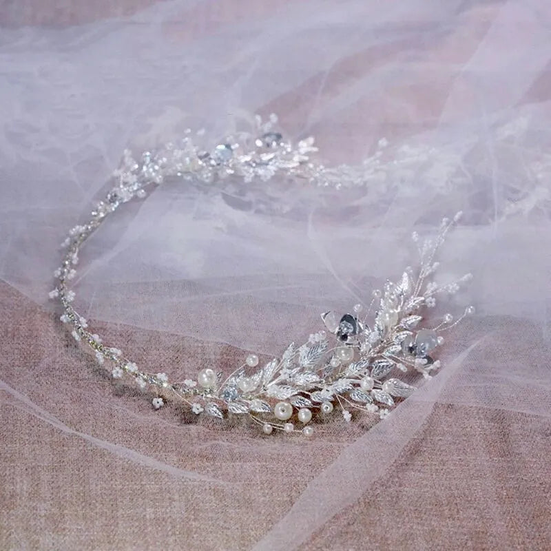 Wedding Hair Accessories - Silver Pearl and Crystal Bridal Headband/Vine