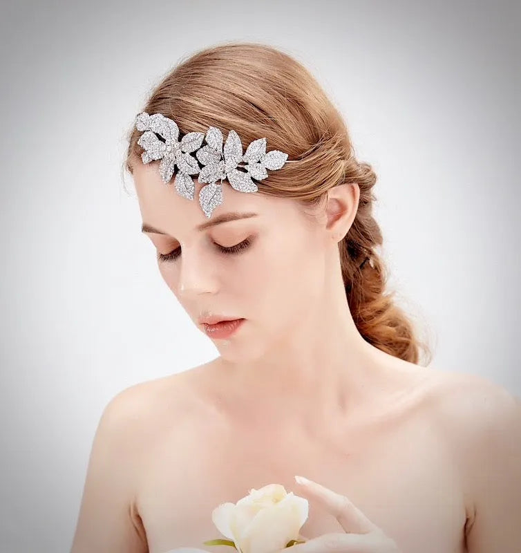 Elegant Silver Floral Zirconia Rhinestone Crystal Headband, Bride Bridal Wedding Pearl & Crystal Bridal Headband, Side Wedding Headpiece  main image 2