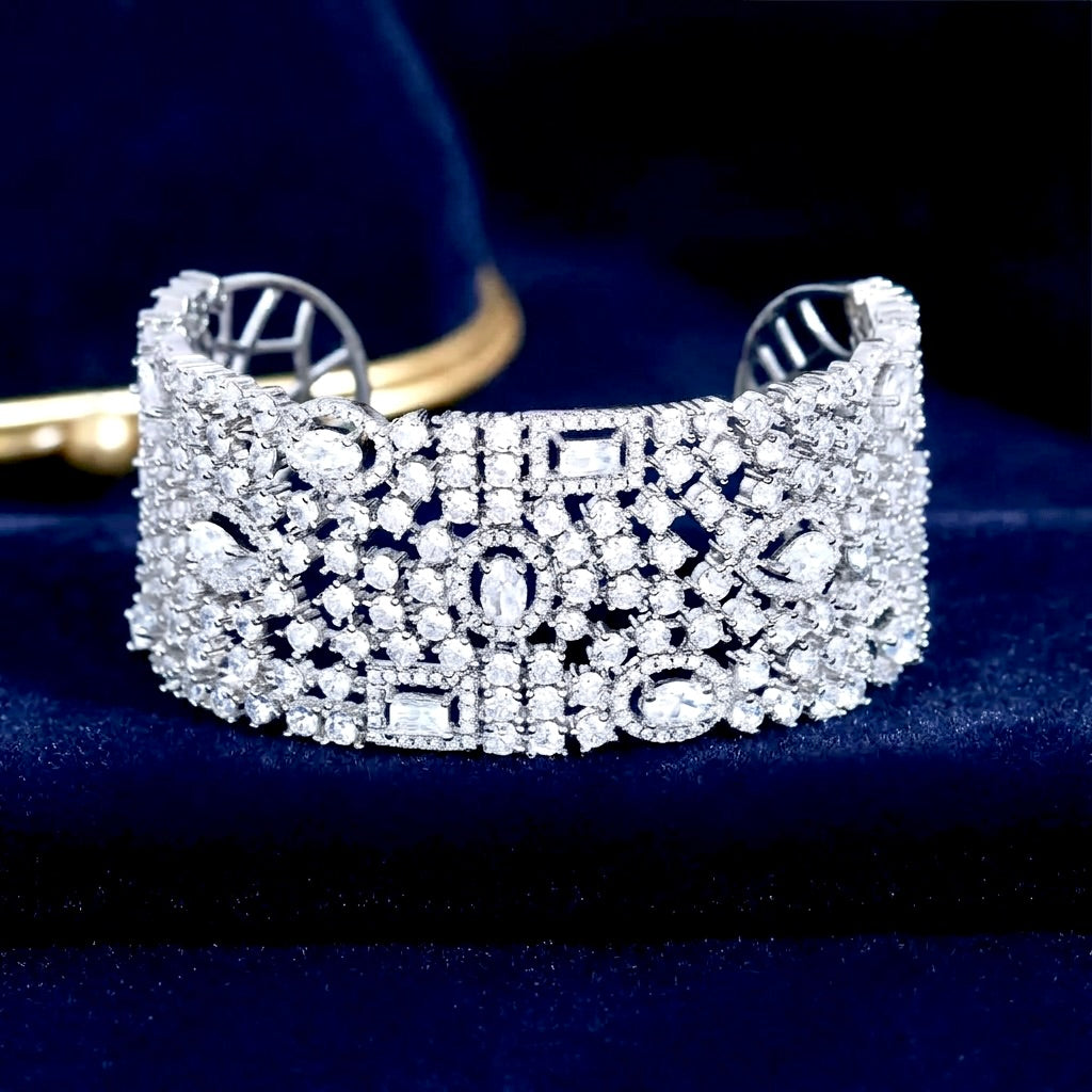 Wedding Jewelry - Cubic Zirconia Bridal Cuff Bracelet - Silver
