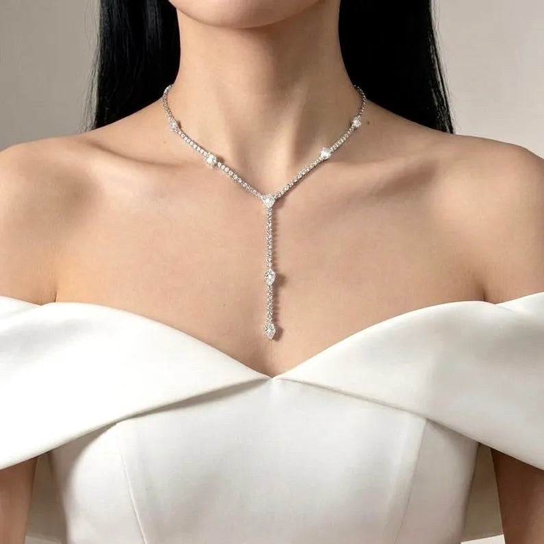 Silver CZ Bridal Lariat Necklace - Wedding Jewelry | ADORA by Simona