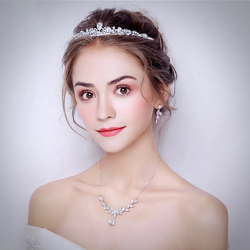 Wedding Jewelry and Accessories - Silver Cubic Zirconia 3-Piece Bridal Jewelry Set With Tiara