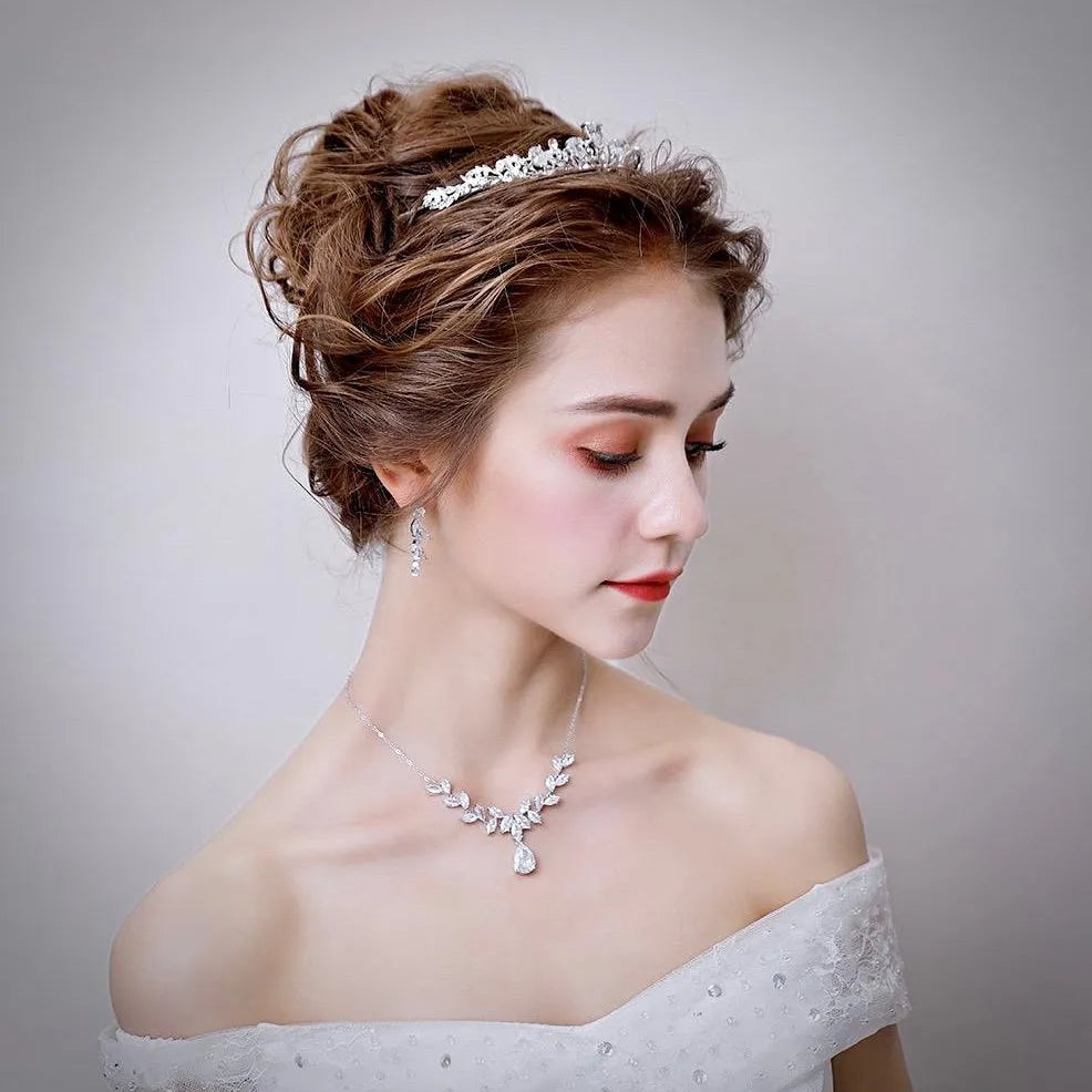 Wedding Jewelry and Accessories - Silver Cubic Zirconia 3-Piece Bridal Jewelry Set With Tiara