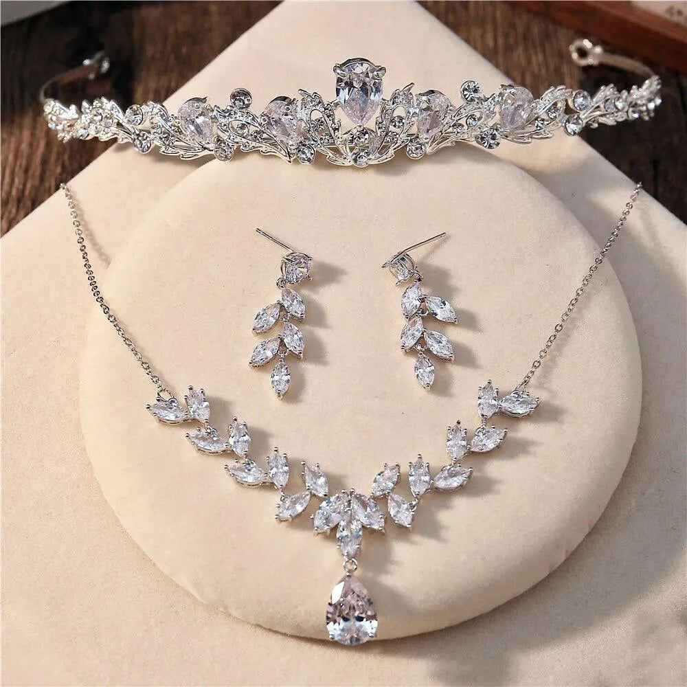 Wedding Jewelry and Accessories - Silver Cubic Zirconia 3-Piece Bridal Jewelry Set With Tiara