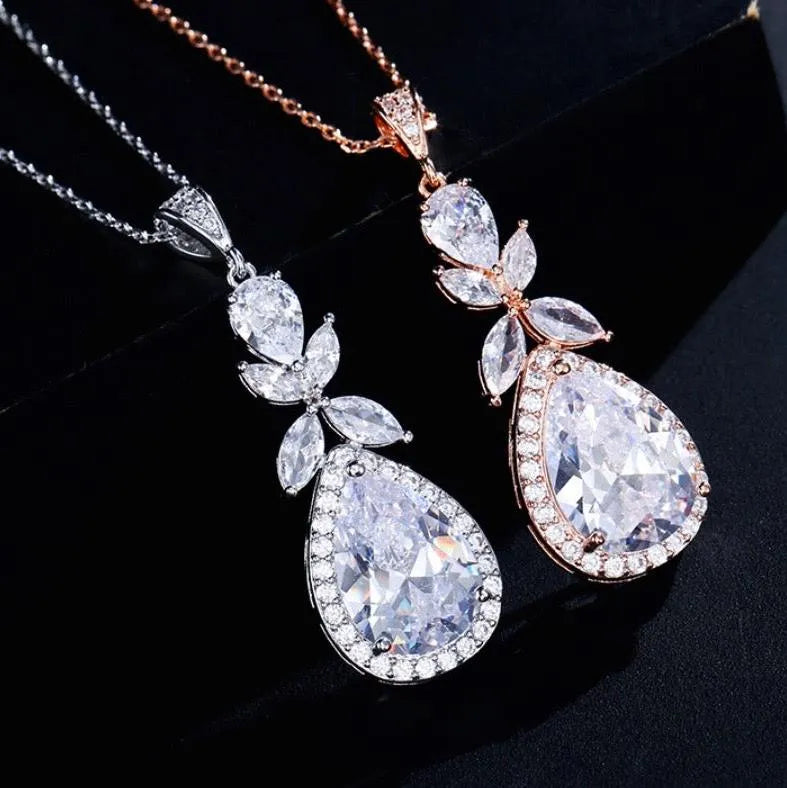 Wedding Jewelry - Cubic Zirconia Bridal Backdrop Necklace and Earrings Set