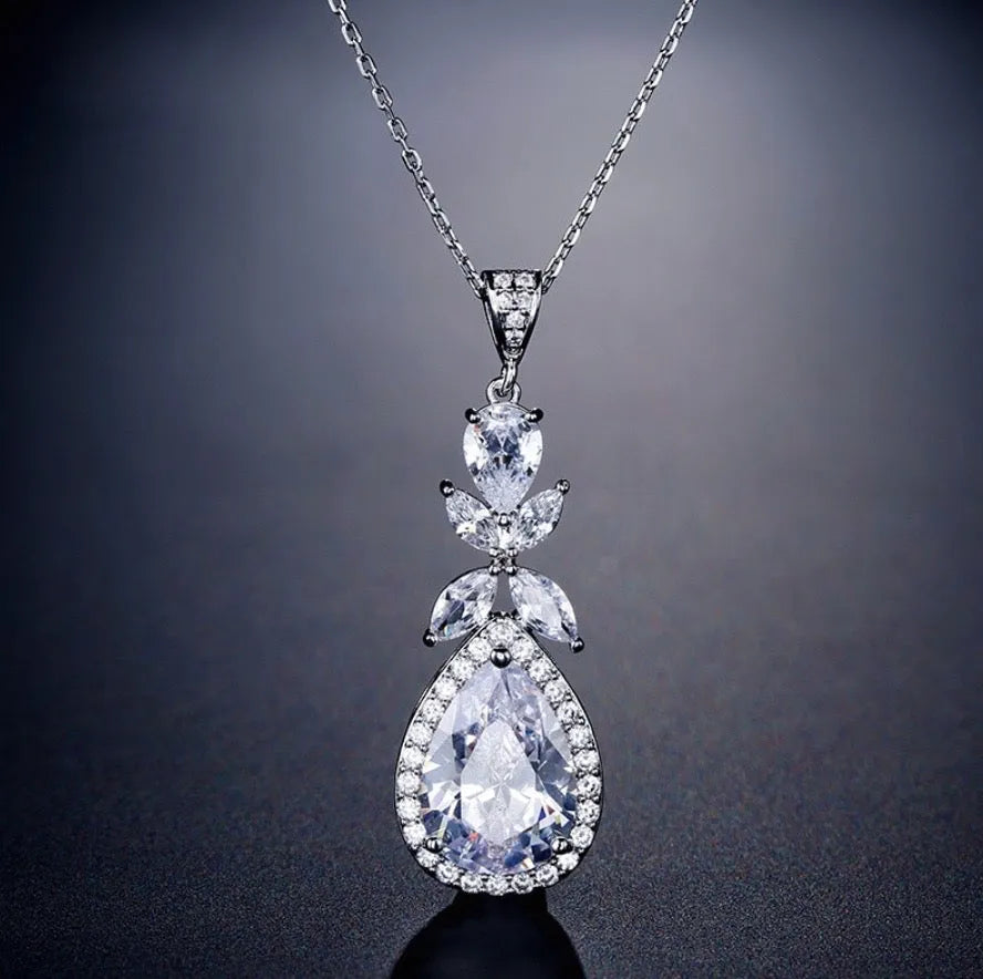 Wedding Jewelry - Cubic Zirconia Bridal Backdrop Necklace and Earrings Set