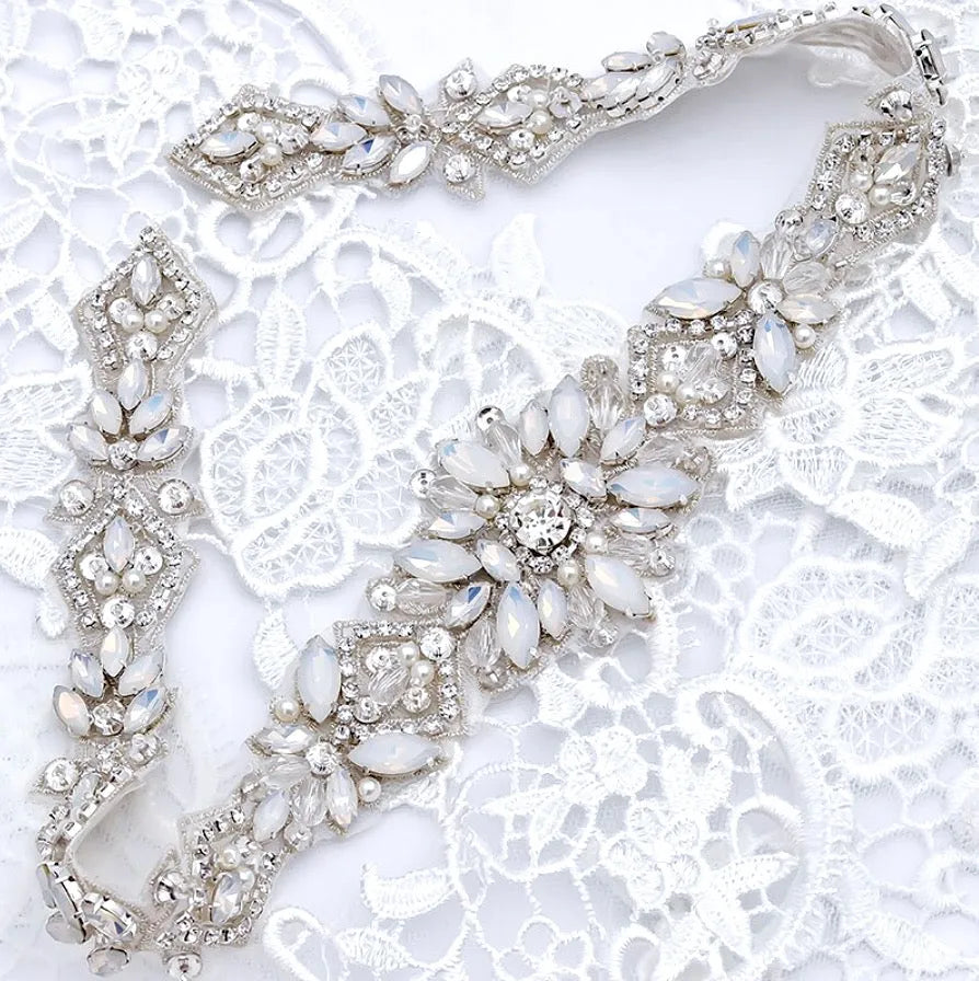 Crystal Pearl Rhinestone Wedding Dress Belt Sash – Silver Bridal Prom Belt – Unbranded
