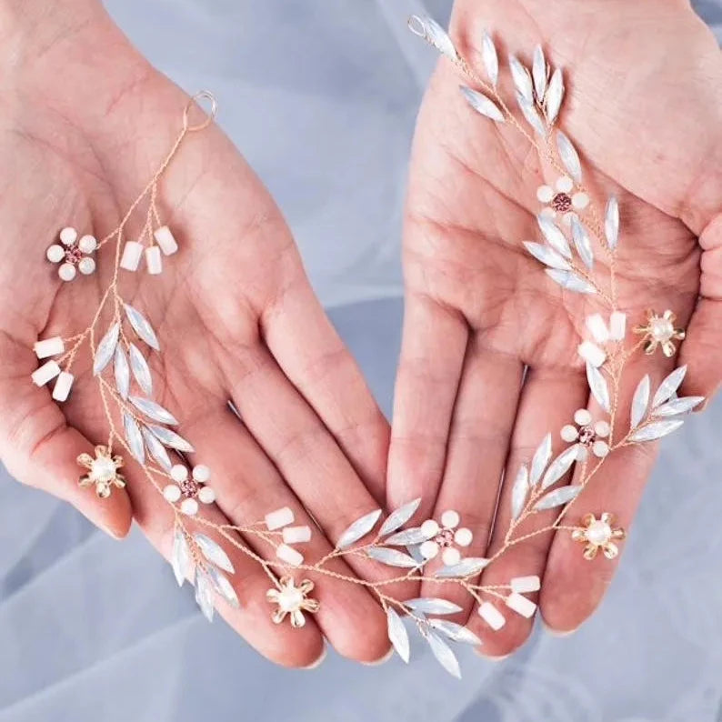 Wedding Hair Accessories - Gold Opal Bridal Headband/Hair Vine With Matching Earrings