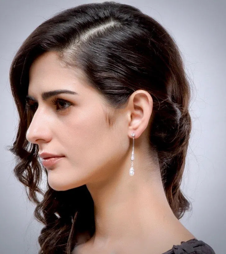 Wedding Jewelry - Art Deco Pearl and Cubic Zirconia Bridal Earrings - Available in Silver, Rose Gold and Yellow Gold