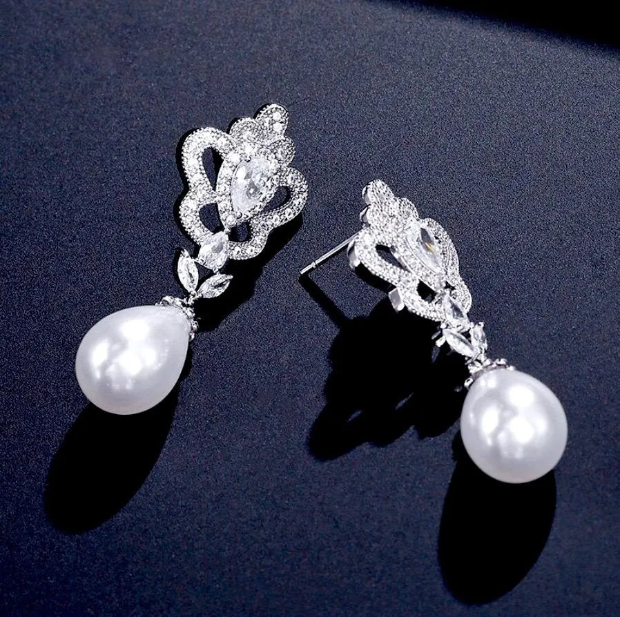 Wedding Jewelry - Pearl and Cubic Zirconia Bridal Earrings