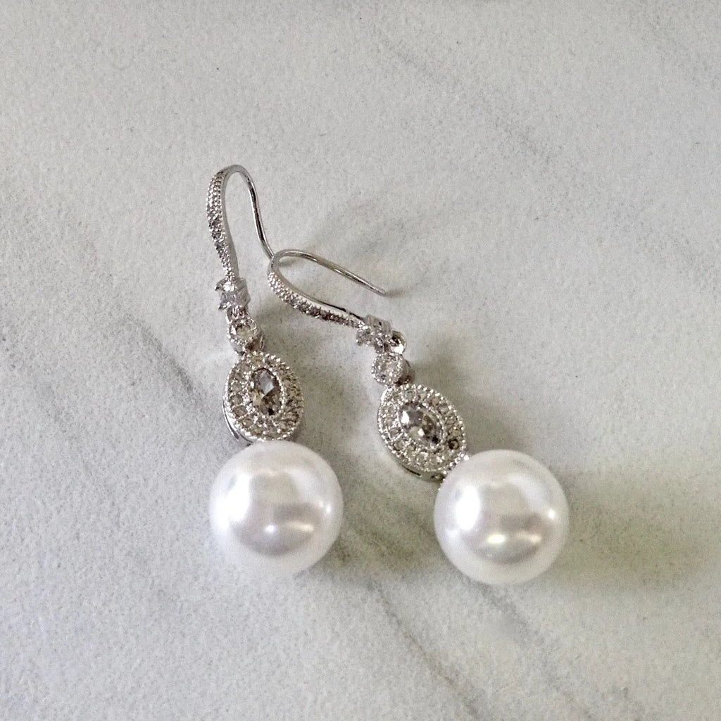 Wedding Jewelry - Pearl and Cubic Zirconia Bridal Earrings