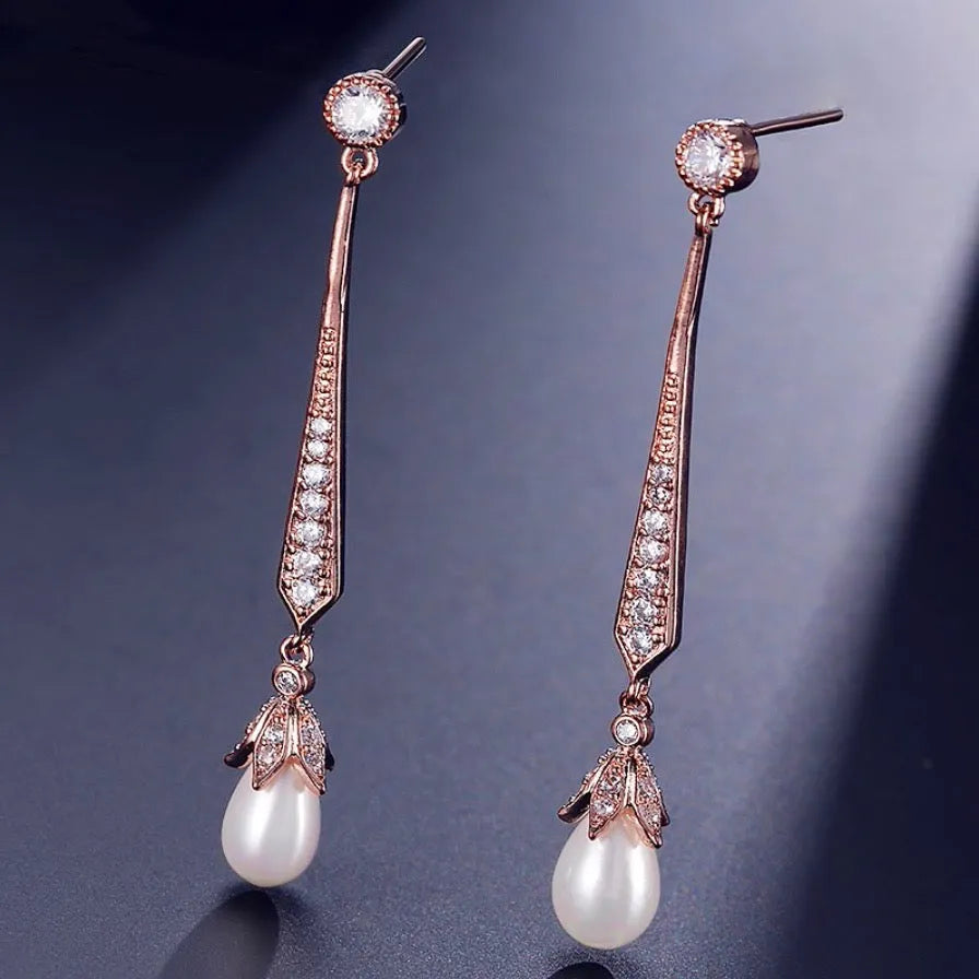 Wedding Jewelry - Art Deco Pearl and Cubic Zirconia Bridal Earrings - Available in Silver, Rose Gold and Yellow Gold