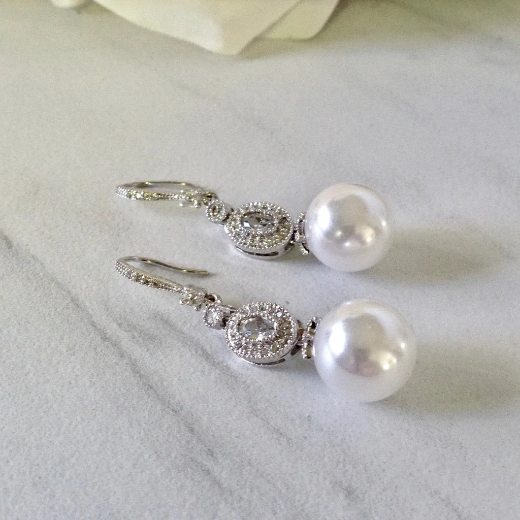 Wedding Jewelry - Pearl and Cubic Zirconia Bridal Earrings