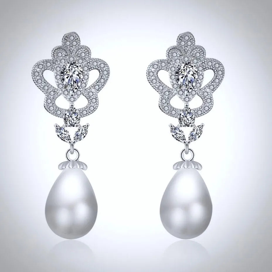 Wedding Jewelry - Pearl and Cubic Zirconia Bridal Earrings