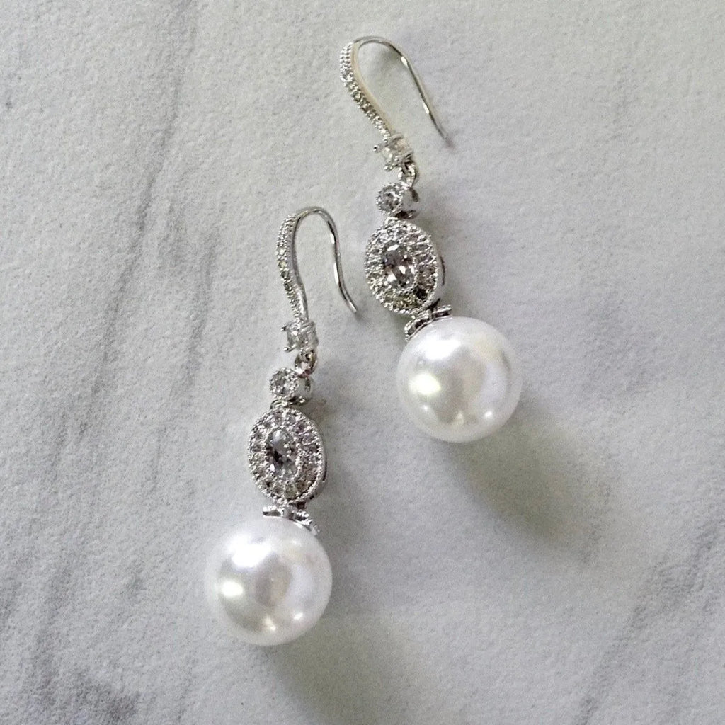 Wedding Jewelry - Pearl and Cubic Zirconia Bridal Earrings