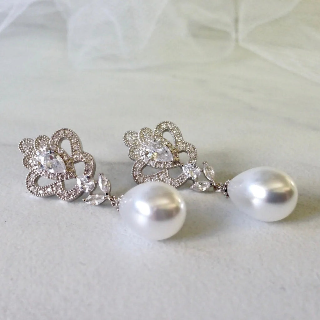 Wedding Jewelry - Pearl and Cubic Zirconia Bridal Earrings
