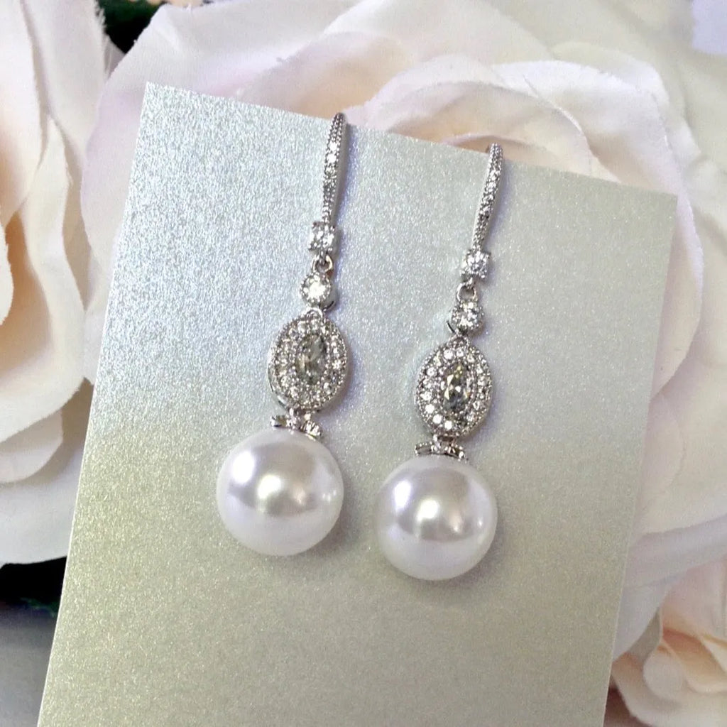 Wedding Jewelry - Pearl and Cubic Zirconia Bridal Earrings