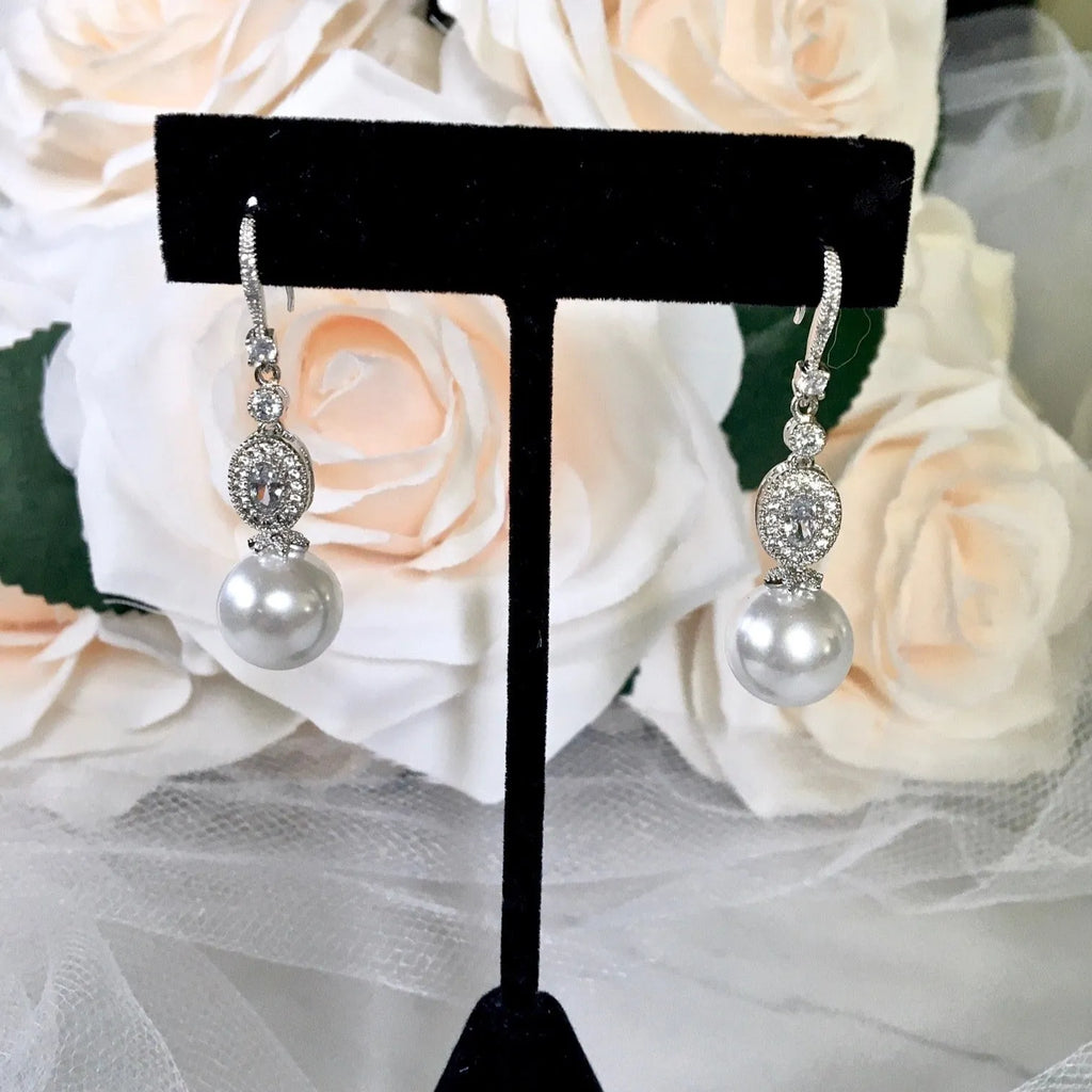 Wedding Pearl Jewelry - Pearl and Cubic Zirconia Bridal Earrings