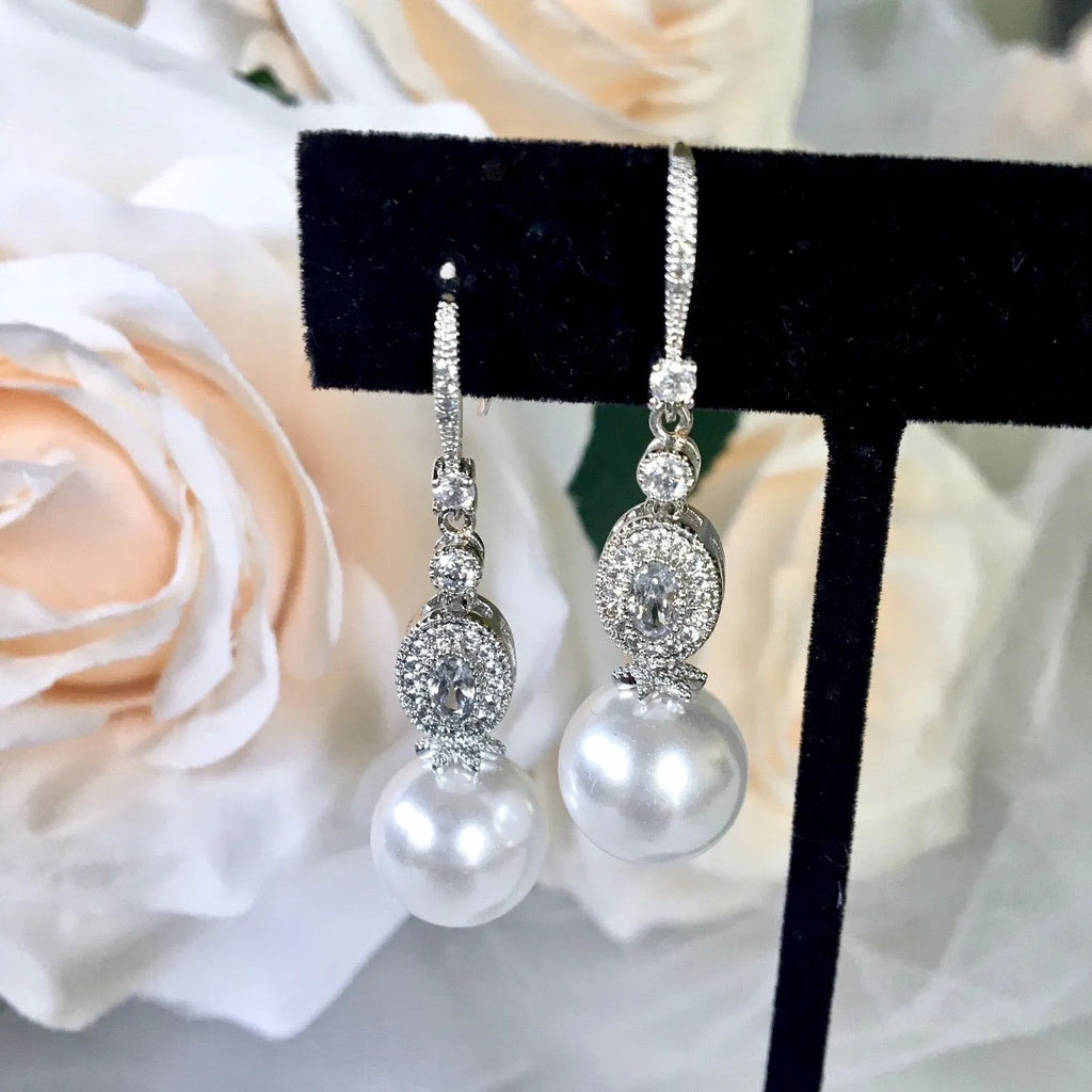 Wedding Pearl Jewelry - Pearl and Cubic Zirconia Bridal Earrings