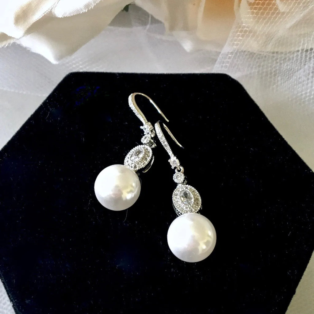 Wedding Pearl Jewelry - Pearl and Cubic Zirconia Bridal Earrings