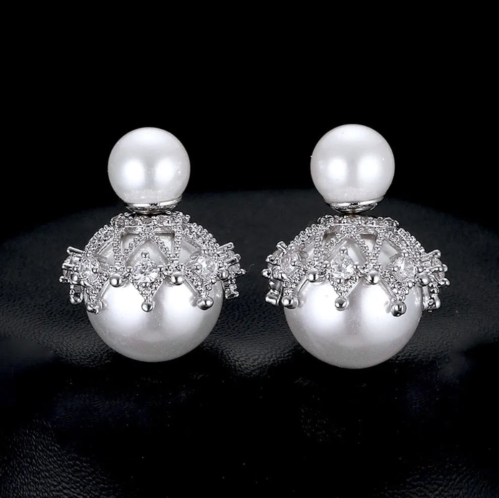 Wedding Jewelry - Double Pearl Bridal Earrings - Available in White and Gray