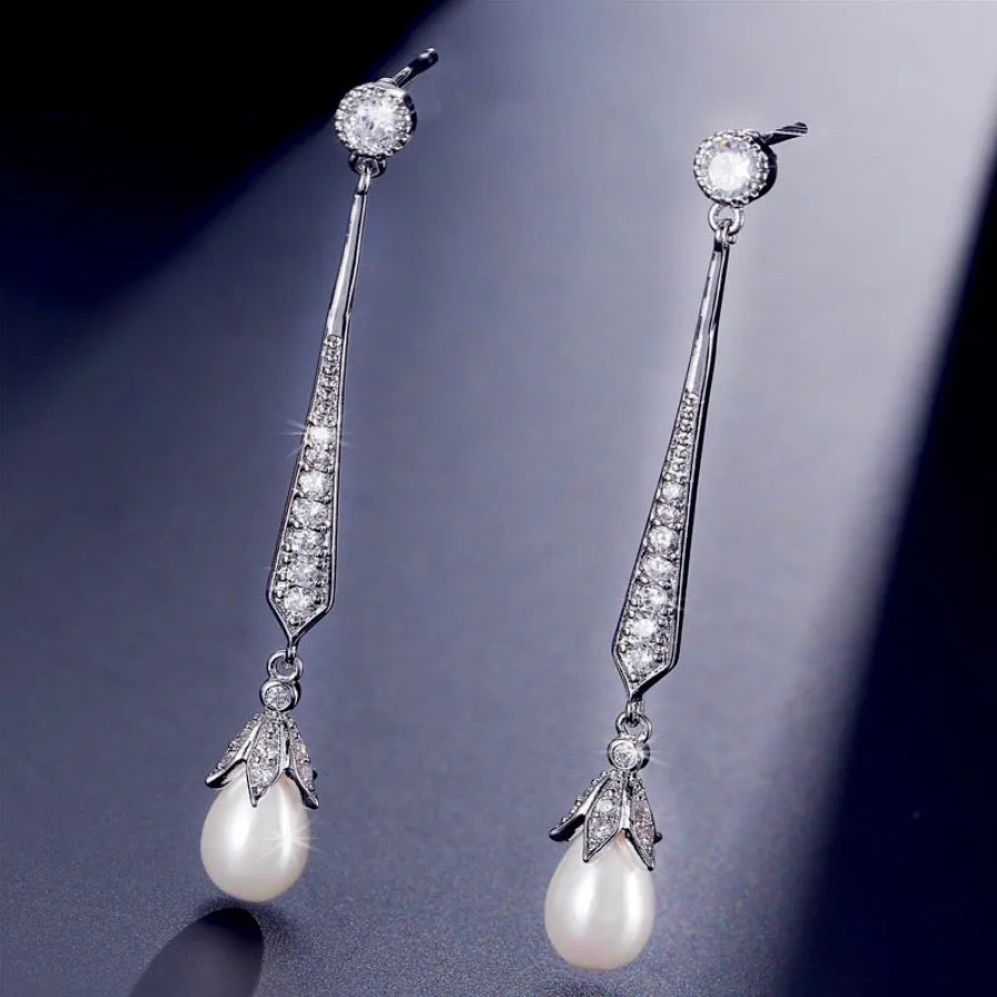 Wedding Jewelry - Art Deco Pearl and Cubic Zirconia Bridal Earrings - Available in Silver, Rose Gold and Yellow Gold
