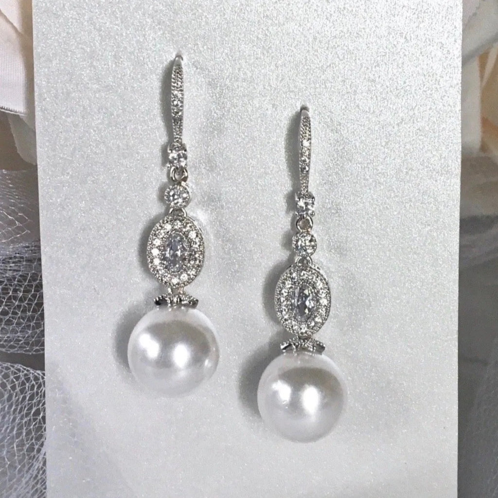Wedding Pearl Jewelry - Pearl and Cubic Zirconia Bridal Earrings