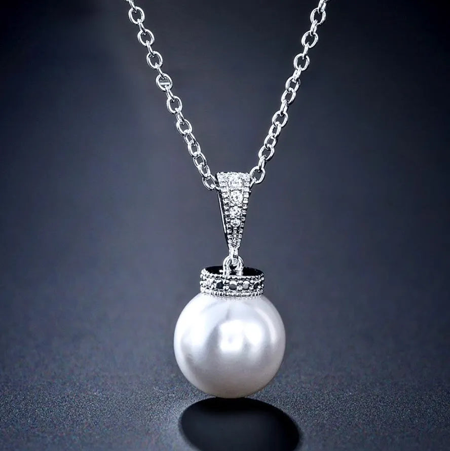 Wedding Jewelry - Pearl and Cubic Zirconia Bridal Necklace and Earrings Set - Available in Silver, Rose Gold and Yellow Gold