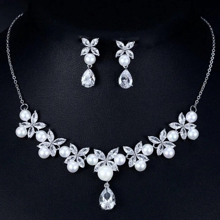 Wedding Jewelry - Silver Cubic Zirconia and Pearl Bridal Jewelry Set