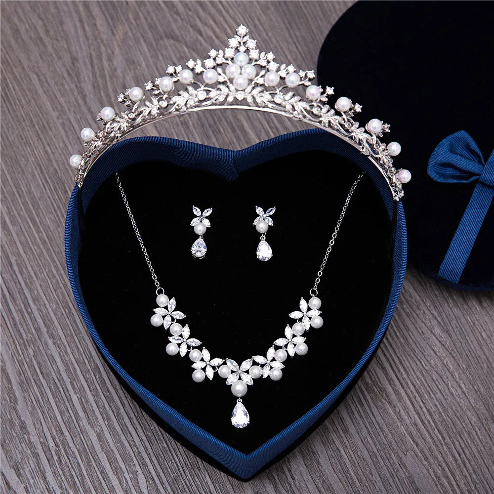 Wedding Jewelry - Silver Cubic Zirconia and Pearl Bridal Jewelry Set