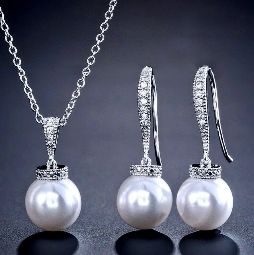 Wedding Jewelry - Pearl and Cubic Zirconia Bridal Necklace and Earrings Set - Available in Silver, Rose Gold and Yellow Gold
