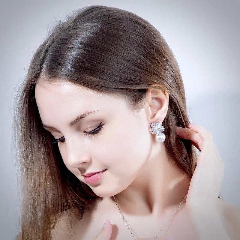 Wedding Jewelry - Pearl and Cubic Zirconia Snowflake Bridal Earrings