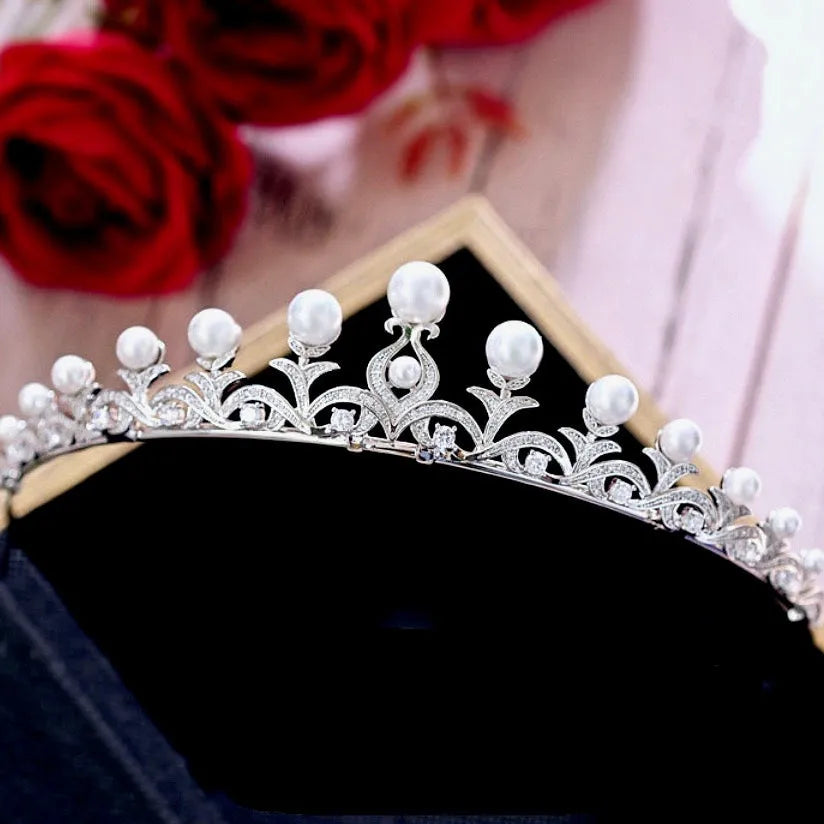 Wedding Hair Accessories - Pearl and Cubic Zirconia Bridal Tiara