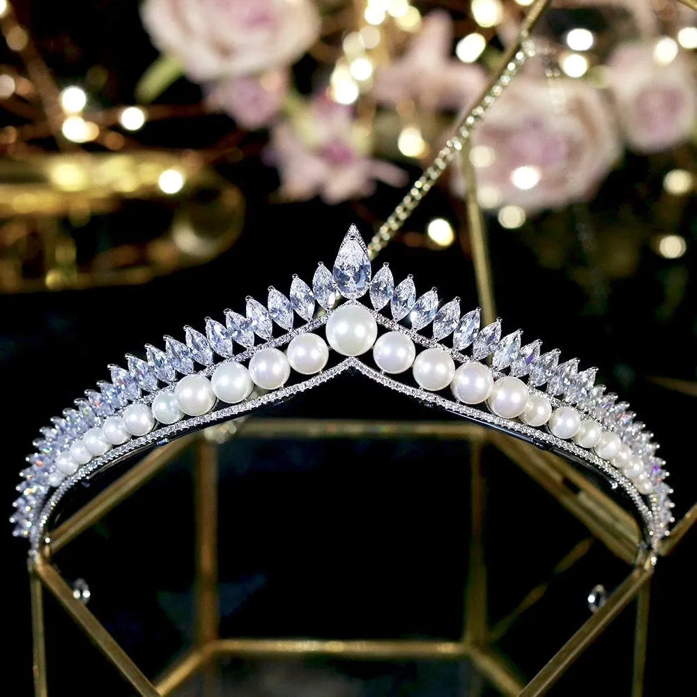 Wedding Hair Accessories - Silver Pearl and Cubic Zirconia Tiara