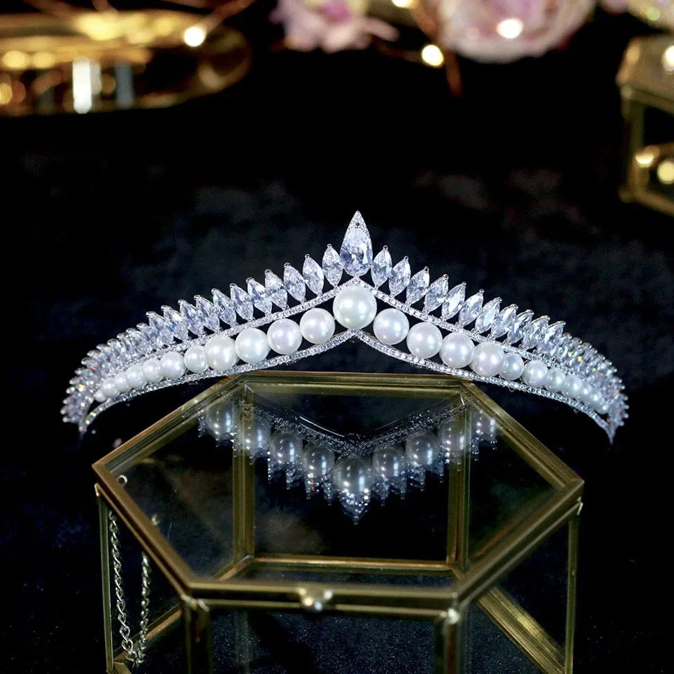 Wedding Hair Accessories - Silver Pearl and Cubic Zirconia Tiara