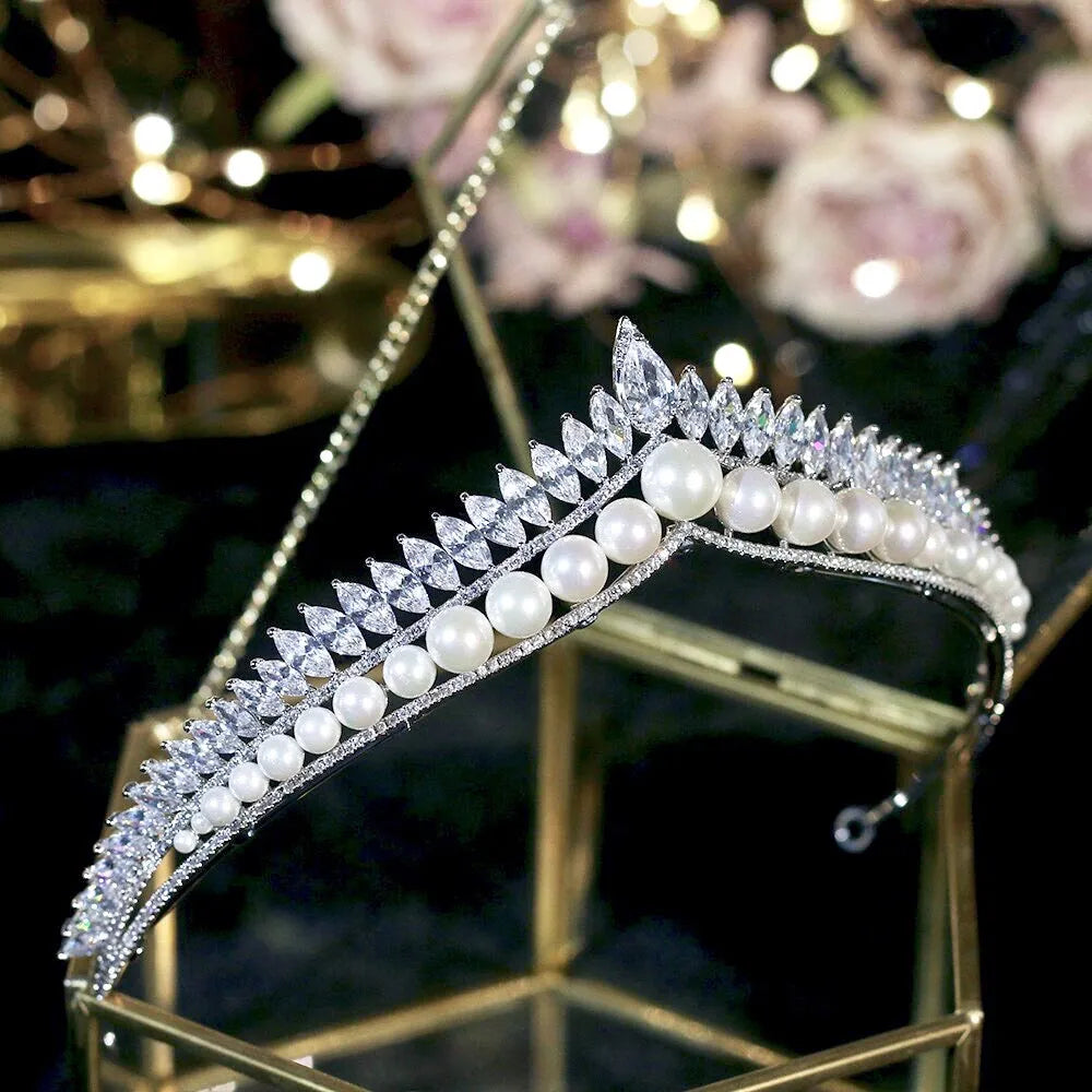 Wedding Hair Accessories - Silver Pearl and Cubic Zirconia Tiara