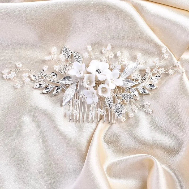 Wedding Hair Accessories - Ceramic Flowers Bridal Hair Comb - Available in Silver, Rose Gold and Yellow Gold