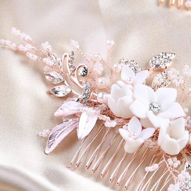 Wedding Hair Accessories - Ceramic Flowers Bridal Hair Comb - Available in Silver, Rose Gold and Yellow Gold