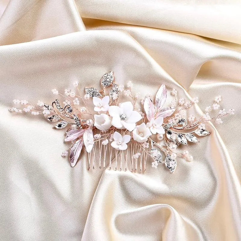 Wedding Hair Accessories - Ceramic Flowers Bridal Hair Comb - Available in Silver, Rose Gold and Yellow Gold