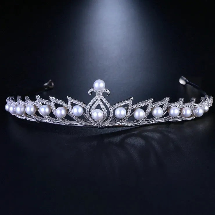 Wedding Hair Accessories - Pearl and Cubic Zirconia Bridal Tiara - Available in Silver and Rose Gold