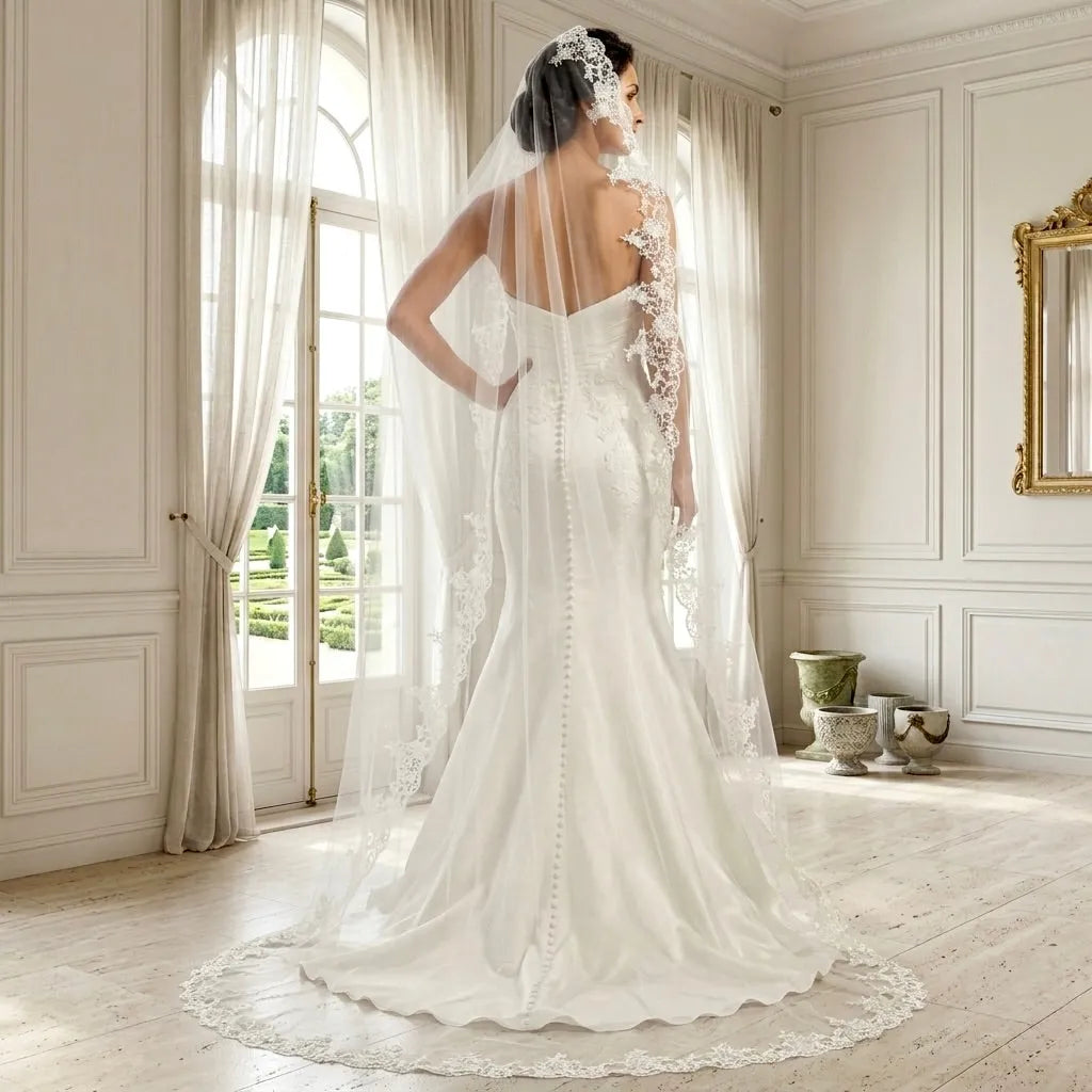 Cathedral Mantilla Veil with Lace Edge White or Ivory Bridal Veil Style 2 without Comb - Ivory Cathedral Mantilla Veil with Lace Edge White or Ivory Bridal Veil Style 2 without Comb - Ivory