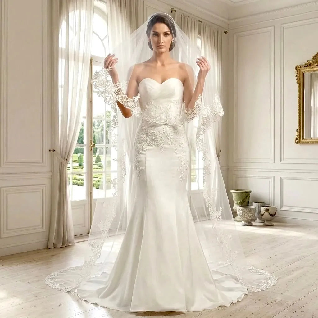 Cathedral Mantilla Veil with Lace Edge – White or Ivory Bridal Veil Style 2 without Comb Cathedral Mantilla Veil with Lace Edge – White or Ivory Bridal Veil Style 2 without Comb