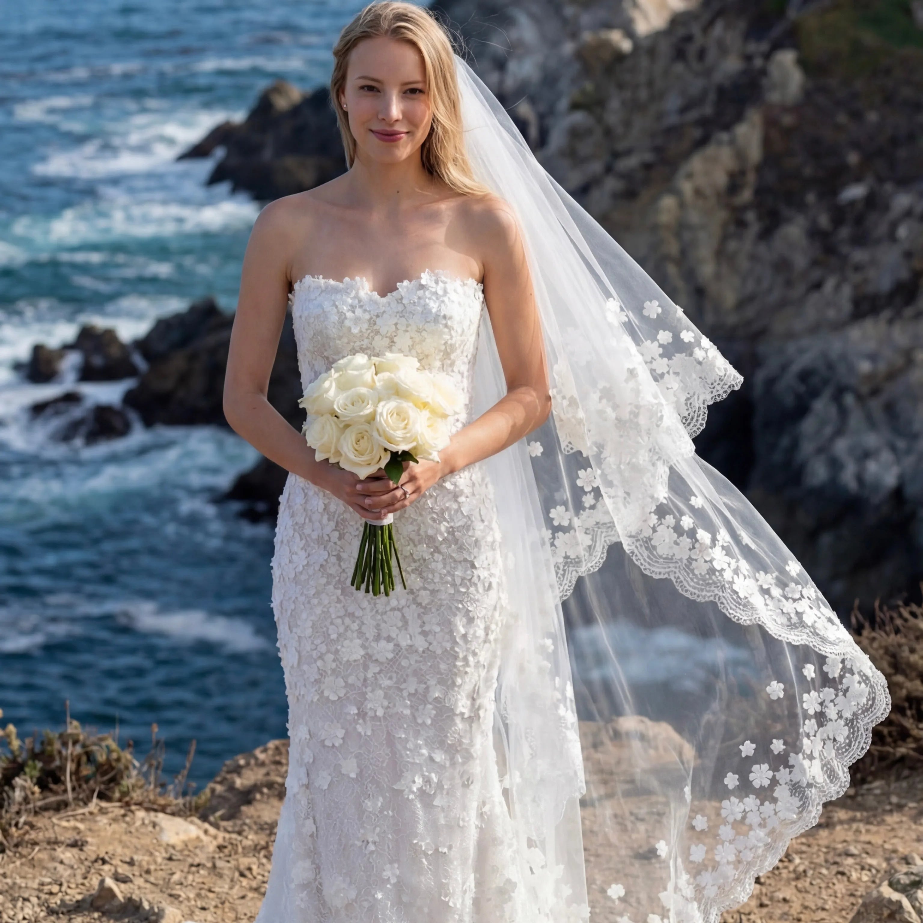 Wedding Veils - Bridal Lace 3D Flowers Mantilla Veil Cathedral Length